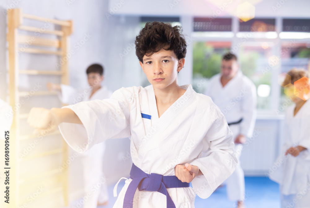 Obraz premium Focused teenage boy with group of karate practitioners wearing white kimonos diligently performing kata routines to hone martial arts skills in training room