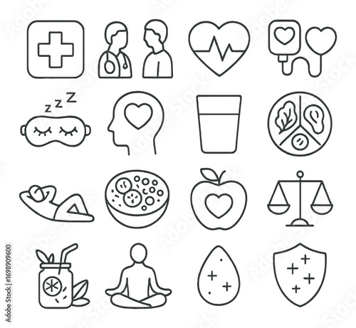 Health and wellness linear icon set. featuring hospital, doctor, heart, sleep mask, meditation, and more symbols