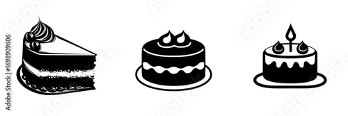 A delectable layered cake icon, depicted in simple black and white, features a single cherry and leaves, ideal for bakery websites and menus