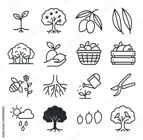 Gardening linear icon set. featuring tree, plant, fruit, leaf, basket, bee, root, watering can, shears, weather icons