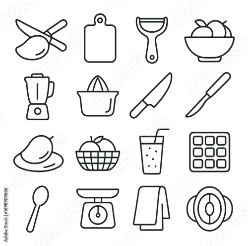 Kitchen tools linear icon set. featuring knife, spoon, blender, scale, bowl, juicer, towel, and cutting board
