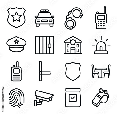 Law enforcement linear icon set. featuring badge, patrol car, handcuffs, radio, officer cap, jail, police station