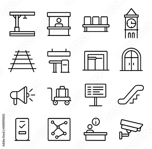 Transportation linear icon set. featuring train, ticket booth, luggage, timetable, escalator, and camera symbols