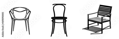 A modern chair is depicted in a simple yet elegant silhouette, characterized by clean lines and minimalist design, set against a white background, ideal for graphic and web design applications