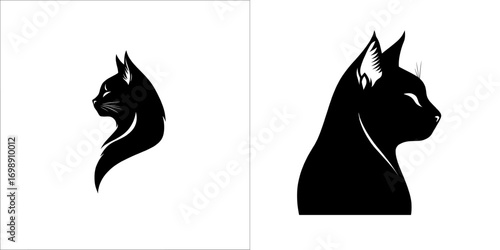 A domestic cat is beautifully captured in the 'Silhouette of a Sitting Cat', a minimalist design showcasing the cat sitting gracefully with its tail curled around its body, suitable for multiple