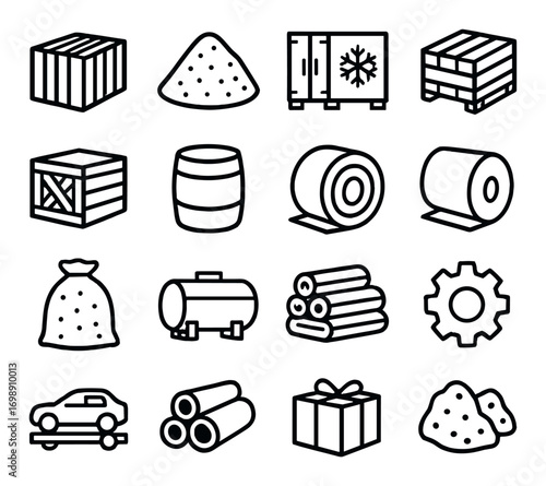 Logistics and shipping linear icon set. featuring crate, barrel, pallet, container, and package symbols