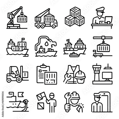 Maritime and logistics linear icon set. featuring crane, forklift, cargo ship, oil tanker, and customs officer symbols