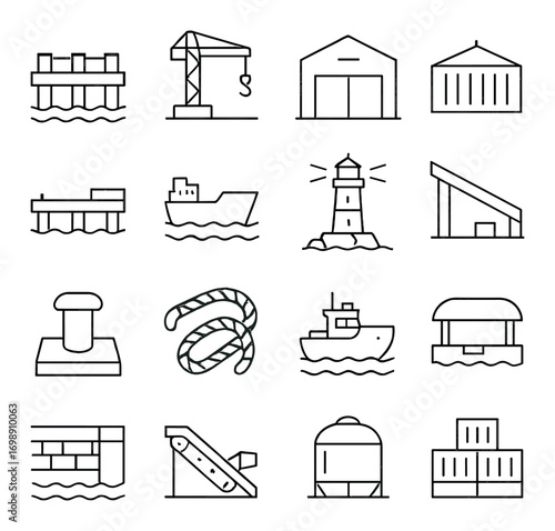 Harbor equipment linear icon set. featuring pier, crane, warehouse, boat, lighthouse, rope, and dock symbols