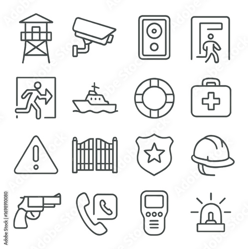 Security and safety linear icon set. featuring camera, alarm, exit, ship, lifebuoy, medical kit, alert, gate, badge