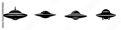 A classic flying saucer UFO is depicted in a stark black silhouette against a clean background, sparking intrigue and wonder, making it a great minimalist design for various mediums