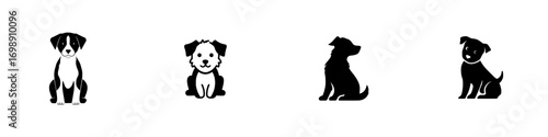 A minimalist illustration of a dog sitting, rendered in a bold black silhouette against a clean background, is presented in the Sitting Dog Silhouette