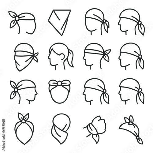 Headscarf styles linear icon set. featuring headwrap, bandana, scarf, kerchief, and bow designs