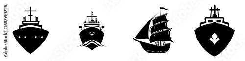 The Cargo Ship Silhouette Icon features a simplified black and white outline of a cargo ship, its bow oriented towards the horizon, representing global logistics and maritime trade