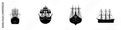 A striking silhouette of a three-masted sailing ship, rendered in bold black against a clean background, evokes a sense of adventure, exploration, and is referred to as the Majestic Sailing Vessel