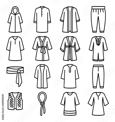 Traditional clothing linear icon set. featuring abaya, thobe, kaftan, trousers, belt, vest, rope, tunic