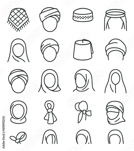 Traditional headwear linear icon set. featuring turban, kufi, hijab, and fez symbols