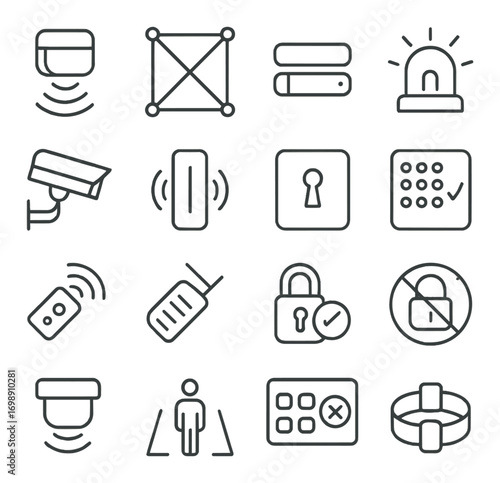 Security devices linear icon set. featuring camera, alarm, lock, keypad, sensor, siren, and access control icons