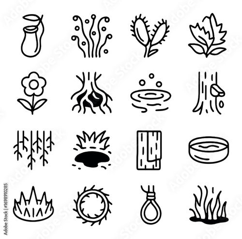 Botanical elements linear icon set. featuring pitcher plant, algae, venus flytrap, leaf, flower, roots, pond