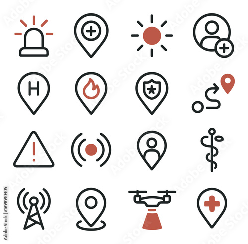 Emergency services linear icon set. featuring alarm, location, sun, user, hospital, fire, shield, and route symbols