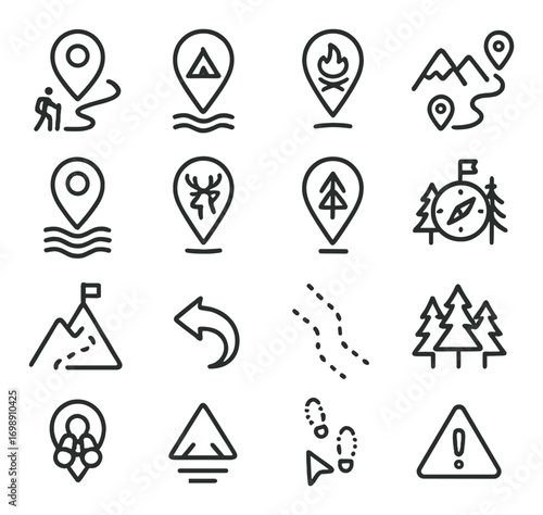 Outdoor adventure linear icons set. featuring hiking, location, fire, mountains, compass, trees, and warning symbols