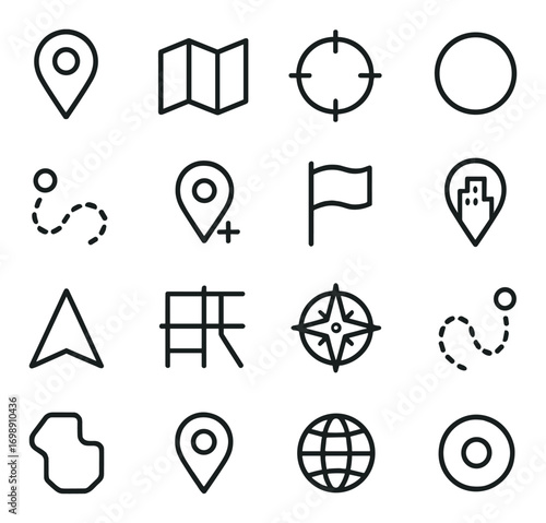 Navigation linear icon set. featuring location, map, compass, destination, and route symbols