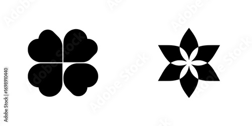 The stylized black flower features a minimalist illustration of a six-petaled flower set against a transparent background in solid black, embodying simplicity and elegance