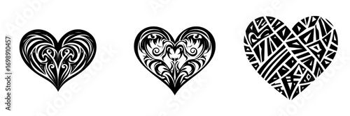 A striking black and white illustration of an ornate heart design, featuring intricate tribal-inspired patterns and swirls, perfect for Valentine's Day, tattoos, is presented in the Ornate Tribal
