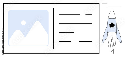 Rocket blasting off next to document layout containing image frame, text lines, and minimal design. Ideal for innovation, business growth, startup ideas, creativity, success, digital projects