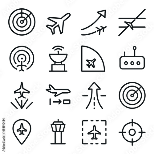 Aviation and navigation linear icon set. featuring radar, airplane, flight path, control tower, and satellite dish symbols
