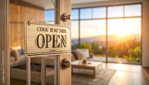 Open store sign on wooden door