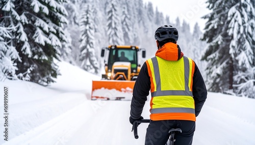 Person on bicycle, snowy mountain road, tractor clearing snow