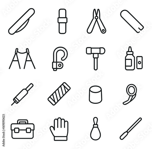 Diy tools linear icon set. featuring saw, wrench, pliers, blade, ladder, hook, hammer, glue, and more