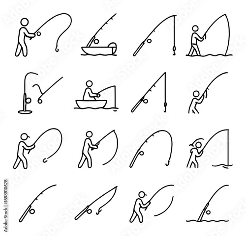 Fishing activities linear icon set. featuring person fishing, boat, rod, bait, and catch symbols