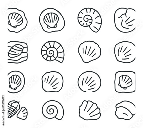 Seashells linear icon set. featuring scallop, nautilus, clam, and conch symbols