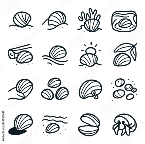Ocean life linear icon set. featuring clams, underwater, seaweed, shells, waves, and pearls