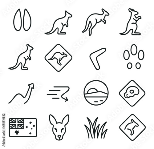 Australia linear icon set. featuring kangaroo, boomerang, flag, footprint, nature, and wildlife symbols