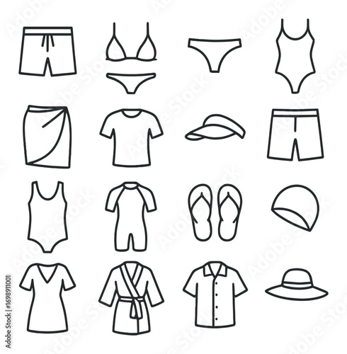 Beachwear linear icon set. featuring shorts, bikini, swimsuit, t-shirt, hat, sandals, and more beach clothing