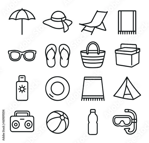 Beach essentials linear icon set. featuring umbrella, hat, chair, towel, sunglasses, sandals, bag, cooler.