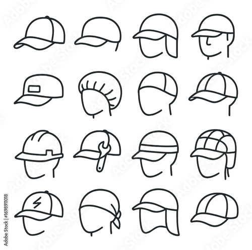 Headwear linear icon set. featuring baseball cap, helmet, beanie, visor, and sun hat