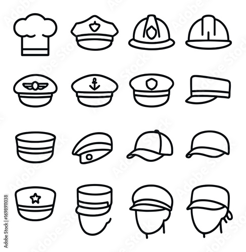 Professions linear icon set. featuring chef, police, firefighter, builder, pilot, captain, sailor, soldier, and officer hats