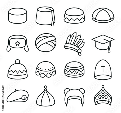 Hats linear icon set. featuring fez, crown, beanie, turban, graduation cap, and beret symbols