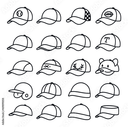 Headwear linear icon set. featuring baseball cap, visor, beanie, trucker hat, helmet, sports cap, and animal cap designs