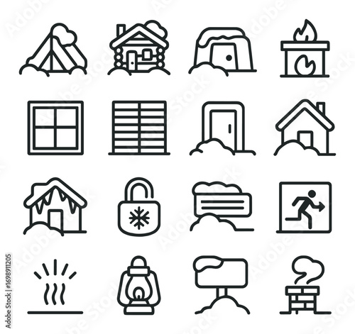 Winter shelter linear icon set. featuring tent, cabin, igloo, fireplace, window, door, house, chimney, and more