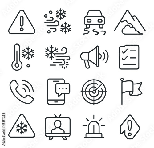 Winter safety linear icon set. featuring warning, snow, car, mountain, thermometer, checklist, phone, and radar symbols