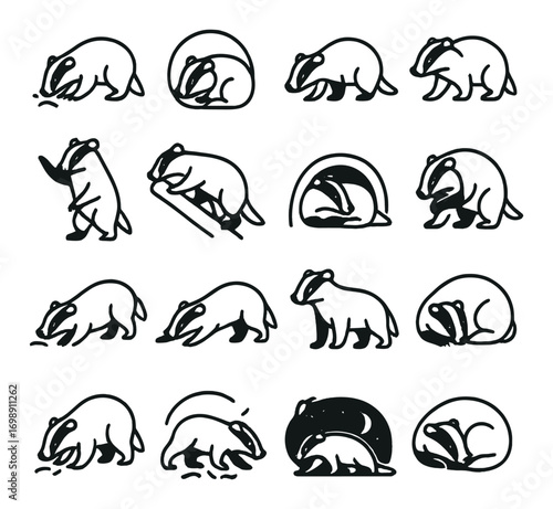 Animal behavior linear icon set. featuring badger, digging, foraging, play, rest, grooming, and nocturnal activities