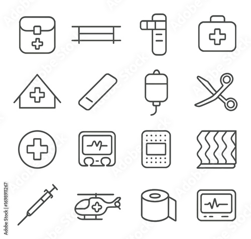 Medical essentials linear icon set. featuring first aid kit, hospital, syringe, iv bag, ambulance, and bandage symbols