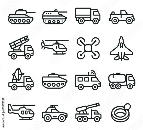Military vehicles linear icon set. featuring tank, truck, jeep, helicopter, and missile launcher symbols