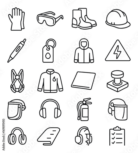Safety equipment linear icon set. featuring gloves, goggles, boots, helmet, pen, tag, jacket, and harness
