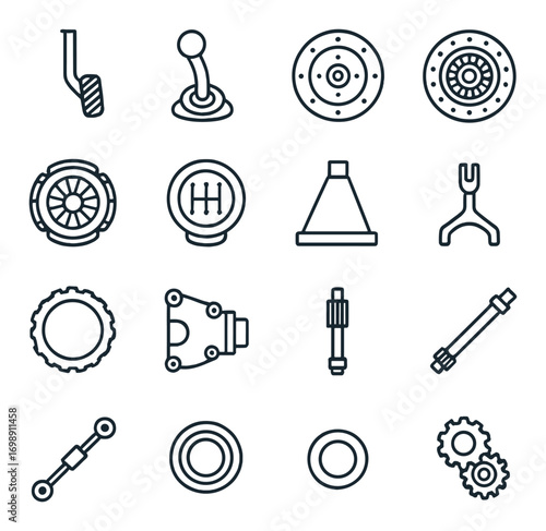 Car parts linear icon set. featuring gear shift, steering wheel, clutch, driveshaft, and brake symbols