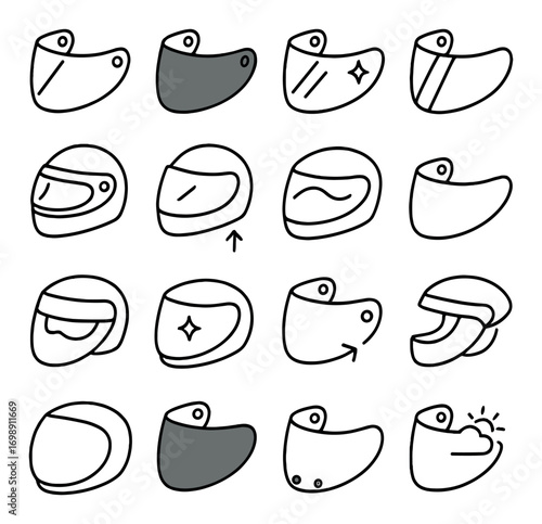Motorcycle helmet visor linear icon set. featuring open, closed, tinted, clear, wave, and safety symbols